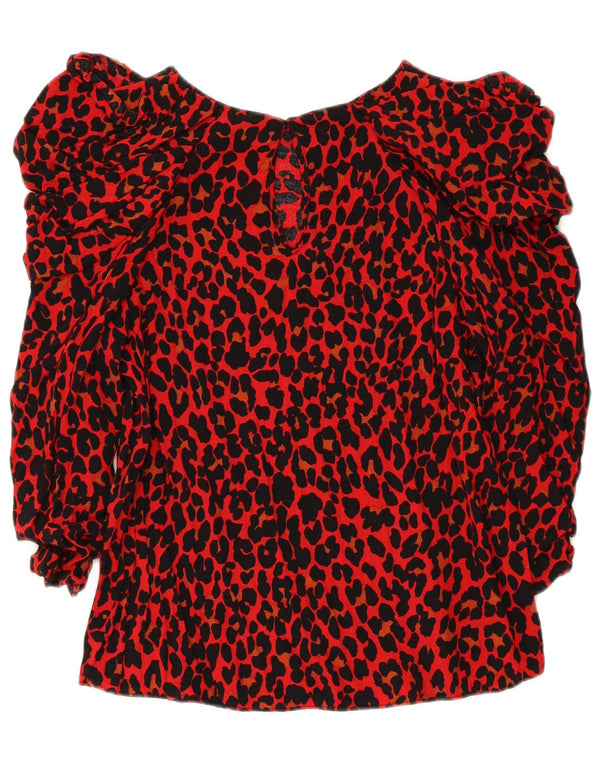 Zara blusa feminina manga 3/4 top UK 10 pequena vermelha estampa animal viscose