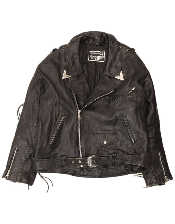 Jaqueta masculina vintage de couro para motociclista grande em couro preto