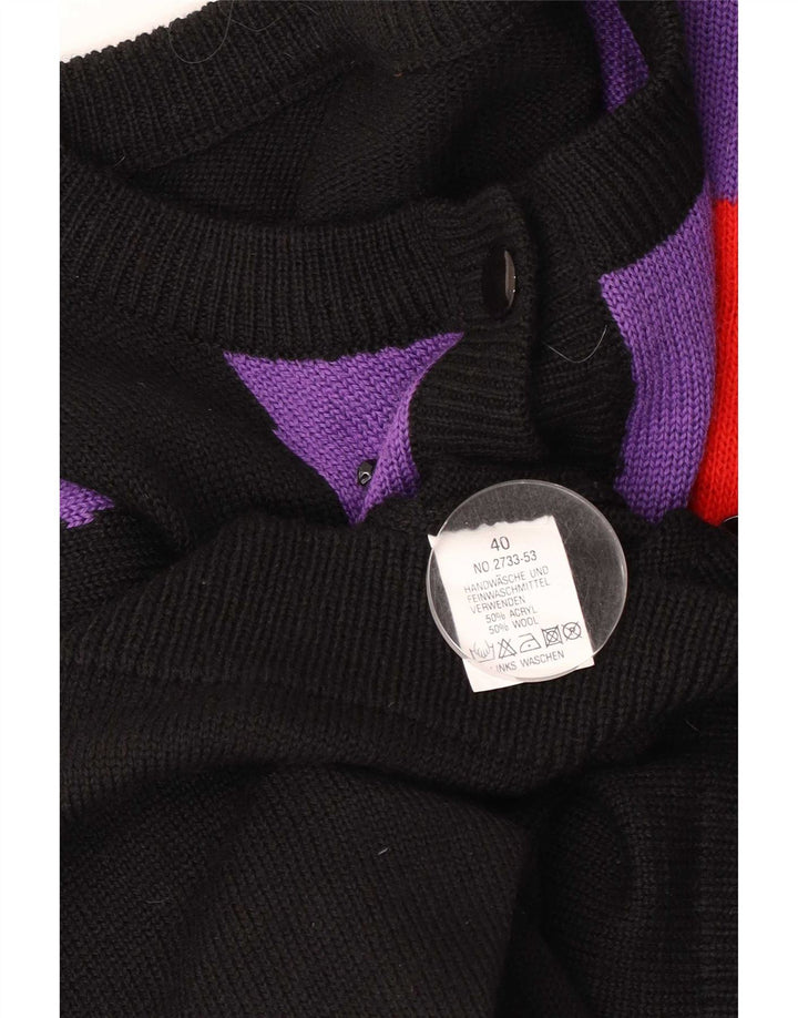 Suéter cardigã feminino vintage longline EU 40 bloco colorido preto médio