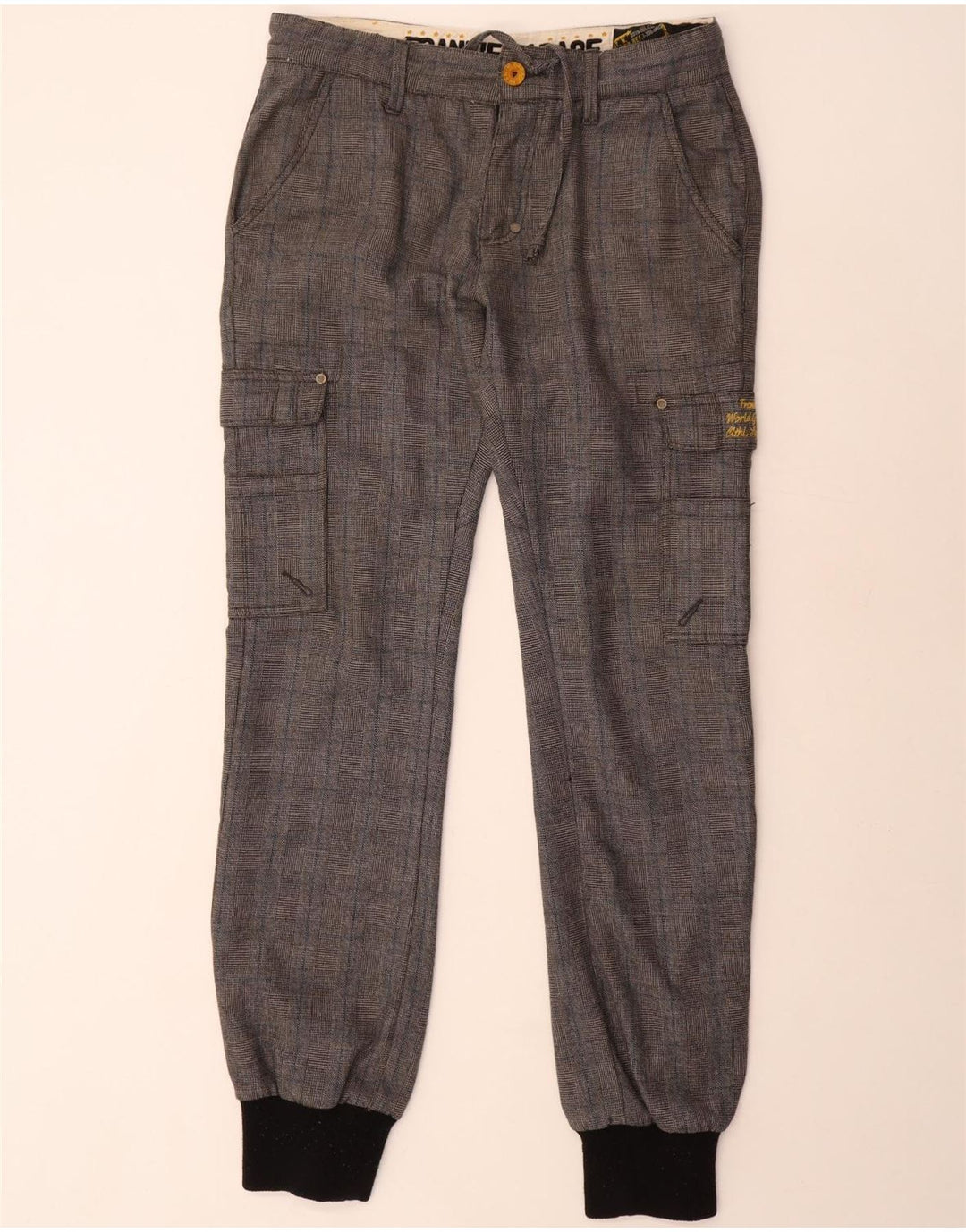 Frankie Garage Mens Joggers Cargo Calças W33 L34 Cinza Check Poliéster