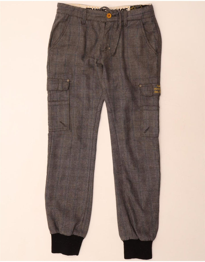 Frankie Garage Mens Joggers Cargo Calças W33 L34 Cinza Check Poliéster