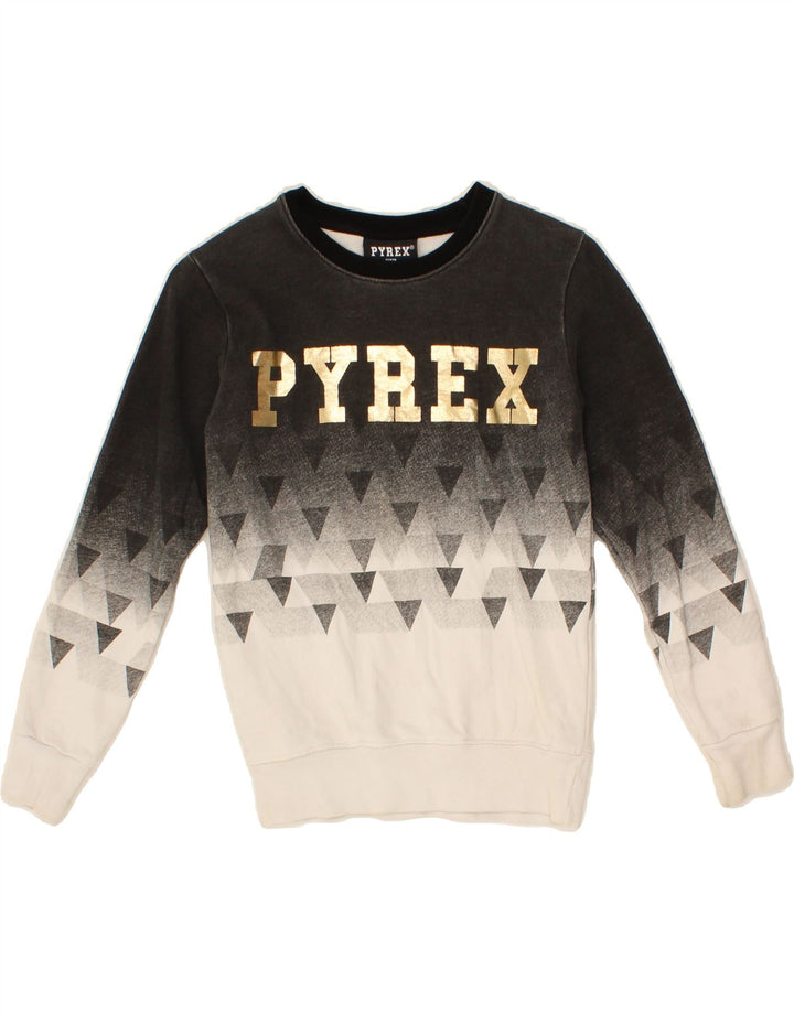 PYREX Boys Graphic Sweatshirt Jumper 7-8 Years Small Grey Colourblock Vintage Pyrex and Second-Hand Pyrex from Messina Hembry 