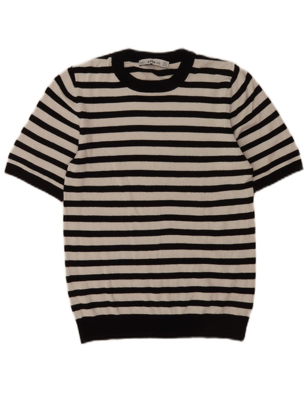 Suéter feminino Zara de manga curta com gola redonda Reino Unido 8 listrado branco pequeno
