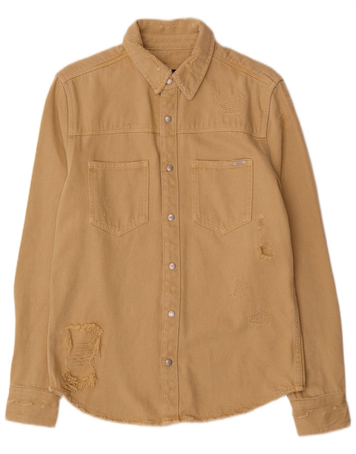 Camisa jeans masculina Zara com ajuste relaxado e desgastado pequeno algodão bege