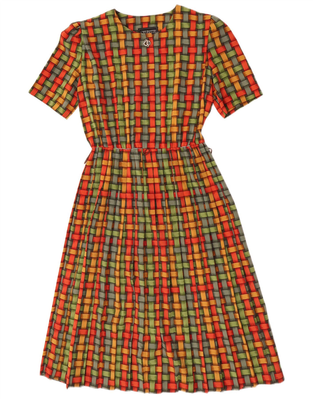Vestido feminino Shubette evasê UK 14 verde médio geométrico