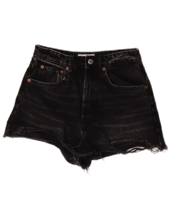 Shorts jeans feminino Zara com perna larga e cintura alta EU 36 XS W26 algodão preto
