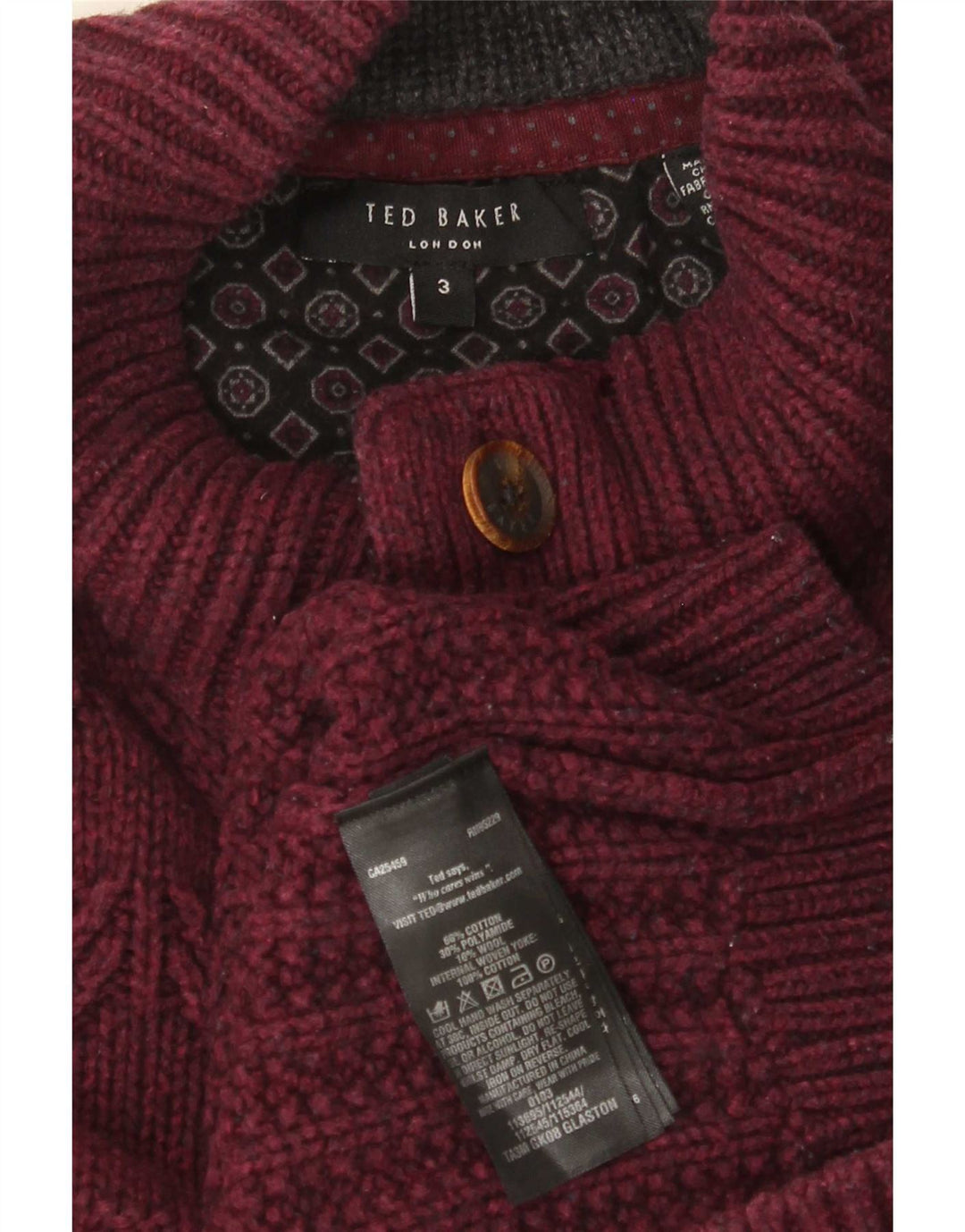 Suéter masculino Ted Baker com gola redonda e botão, tamanho 3, algodão médio borgonha