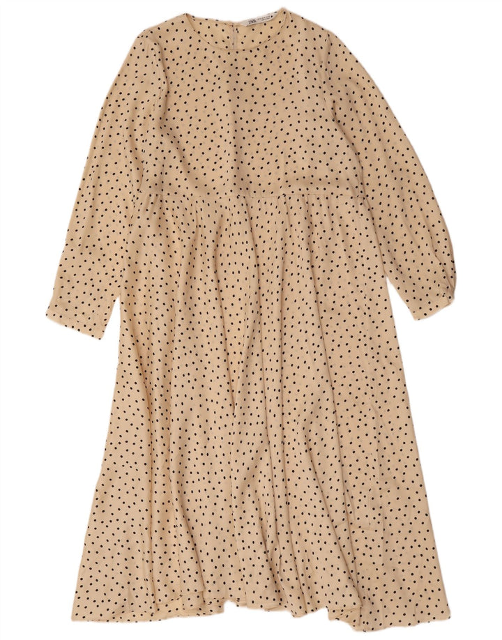 Vestido maxi feminino de manga comprida Zara Reino Unido 14 poliéster bege médio com bolinhas