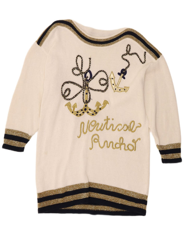 Suéter feminino vintage com gola barco gráfico Reino Unido 16 grande branco náutico