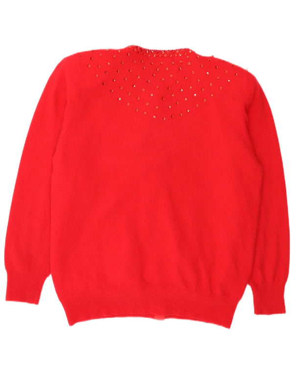 Suéter cardigã feminino vintage Reino Unido 18 XL lã de cordeiro floral vermelha