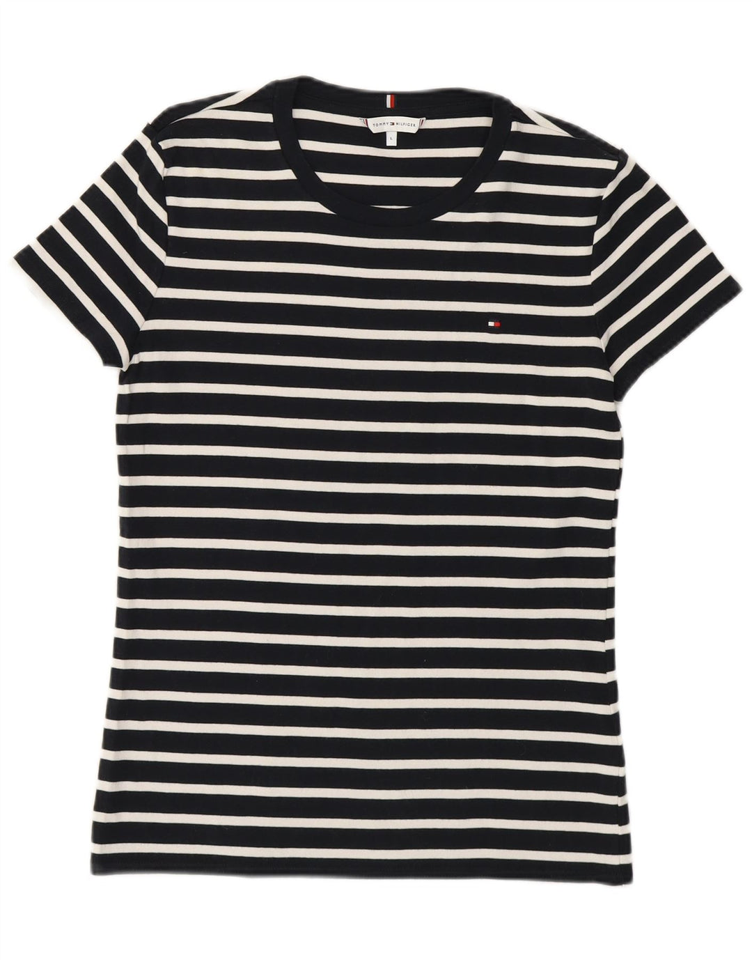 Camiseta feminina Tommy Hilfiger UK 14 grande algodão listrado azul marinho
