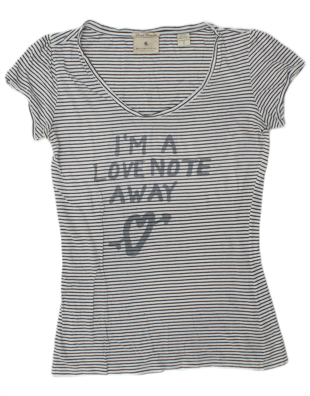 Camiseta feminina gráfica Maison Scotch tamanho superior 1 listrado branco pequeno