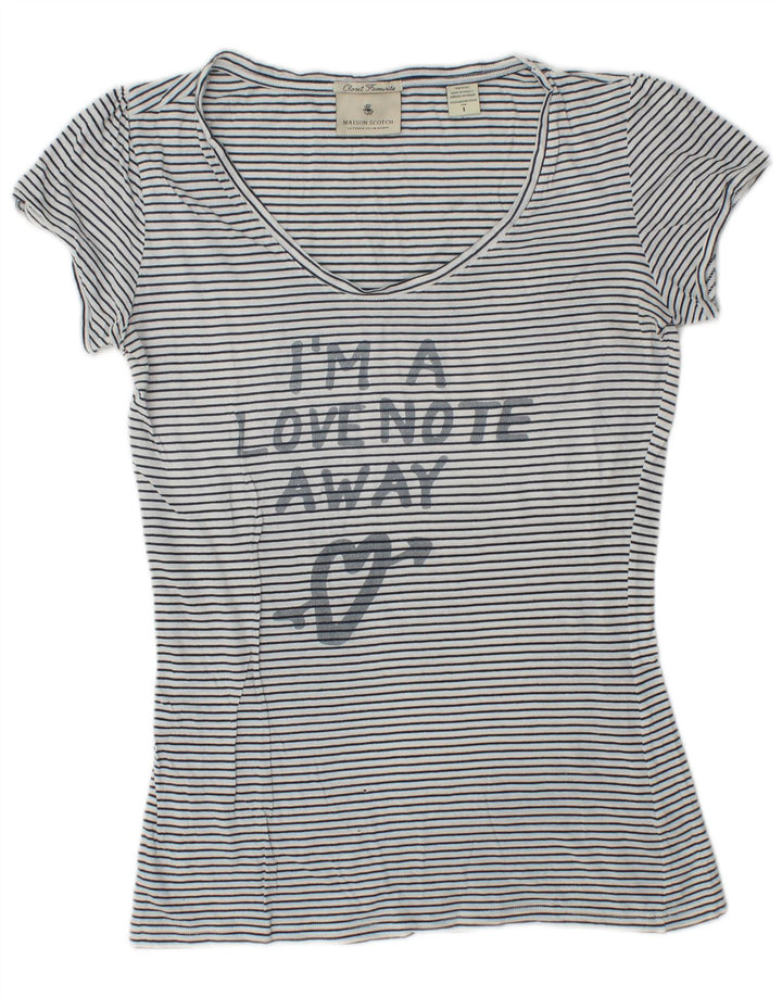 Camiseta feminina gráfica Maison Scotch tamanho superior 1 listrado branco pequeno