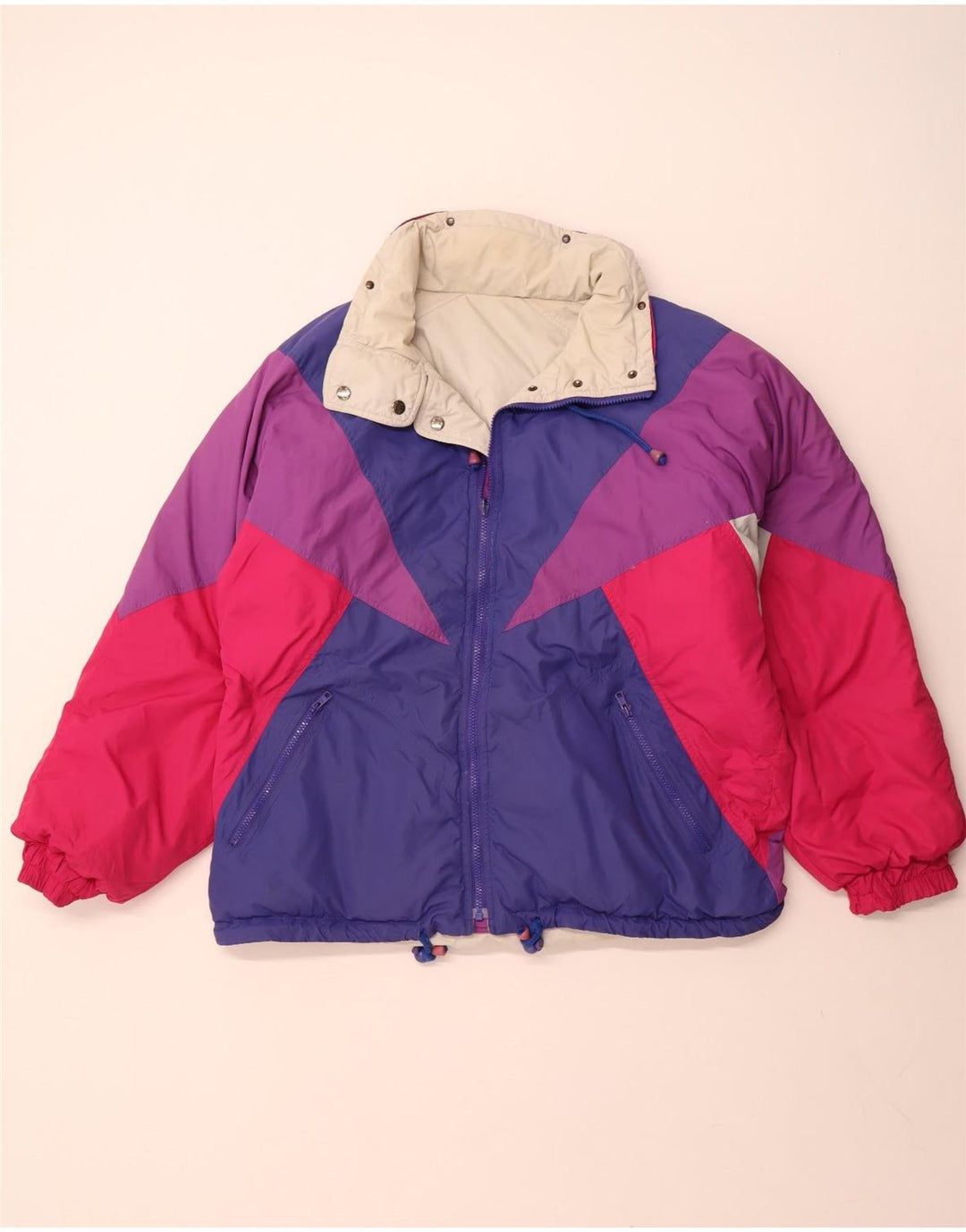 Jaqueta feminina VINTAGE reversível com capuz grande poliéster colorblock bege