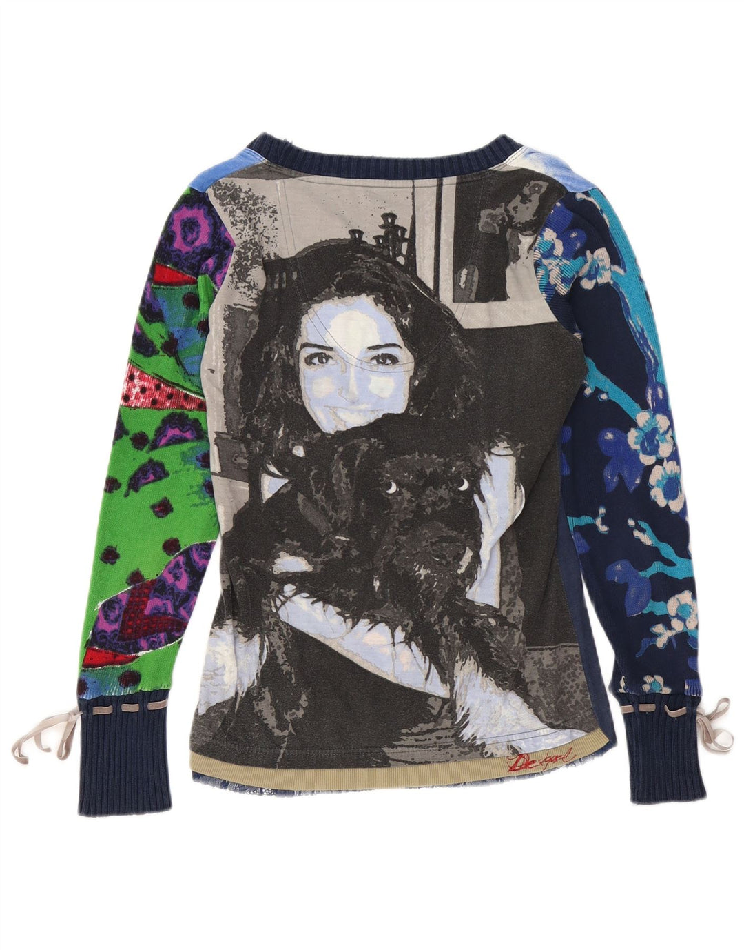 DESIGUAL Top gráfico feminino manga comprida UK 14 médio azul marinho floral