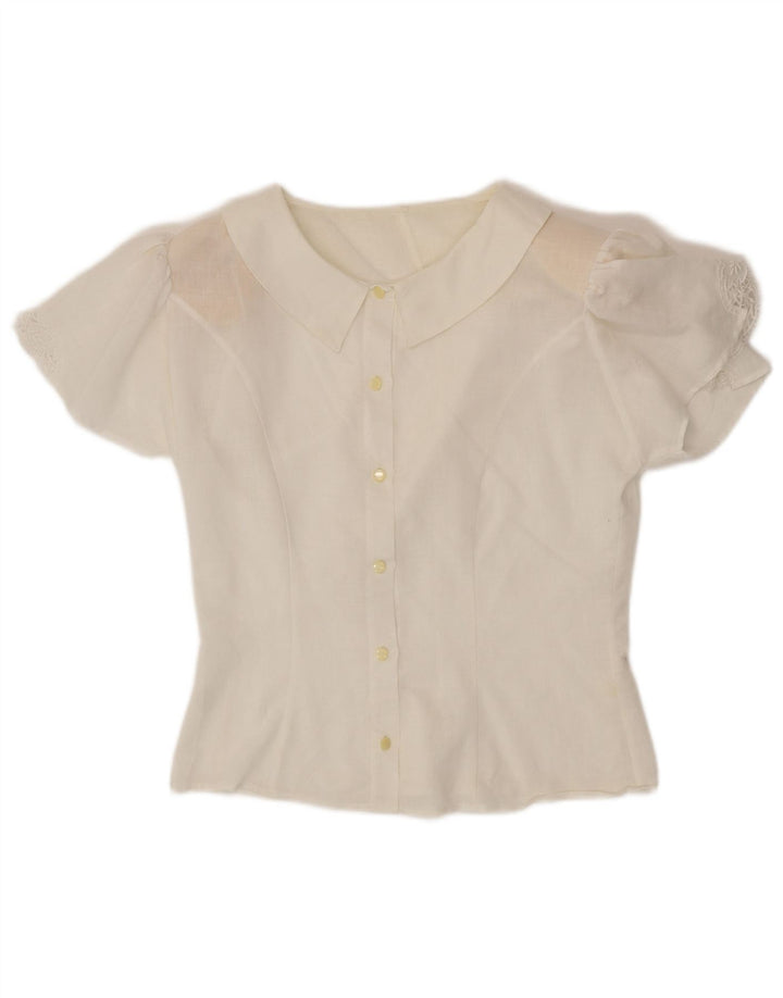 Blusa feminina VINTAGE manga curta Reino Unido 12 algodão branco médio