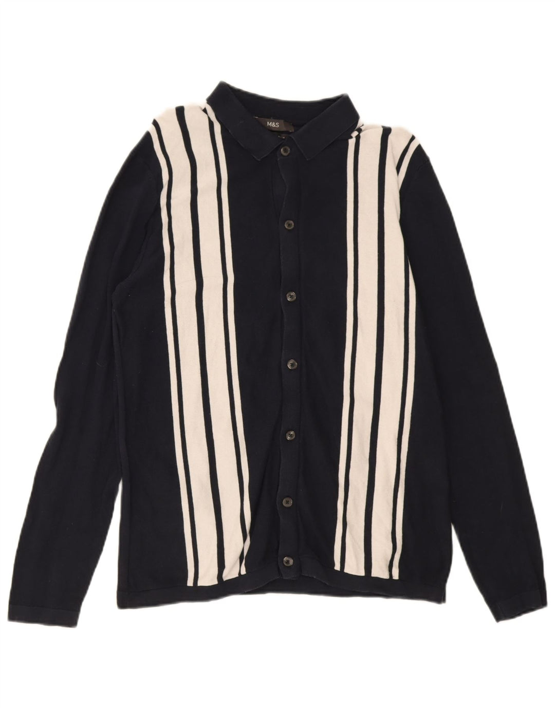 Suéter cardigã masculino Marks & Spencer médio listrado azul marinho de algodão