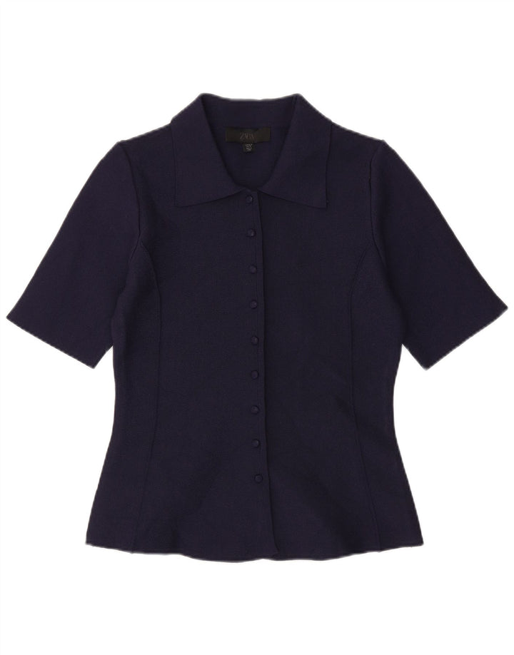Blusa feminina de manga curta ZARA Reino Unido 12 poliéster azul marinho médio