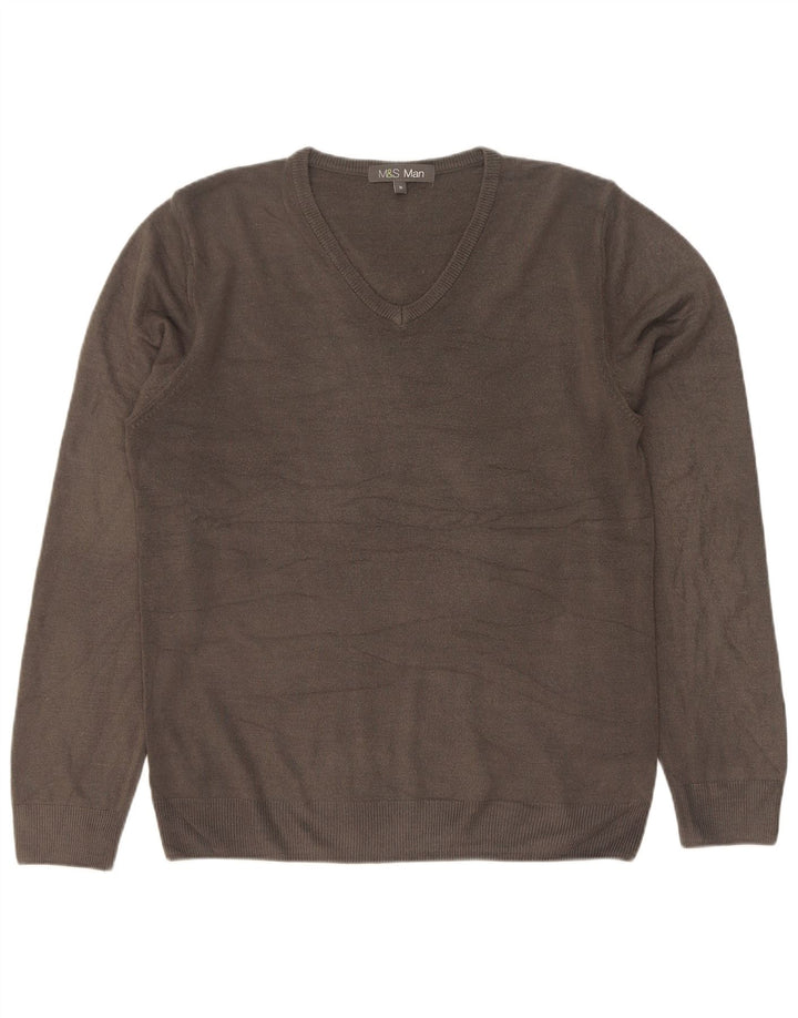 Suéter masculino Marks & Spencer com decote em V cinza médio acrílico
