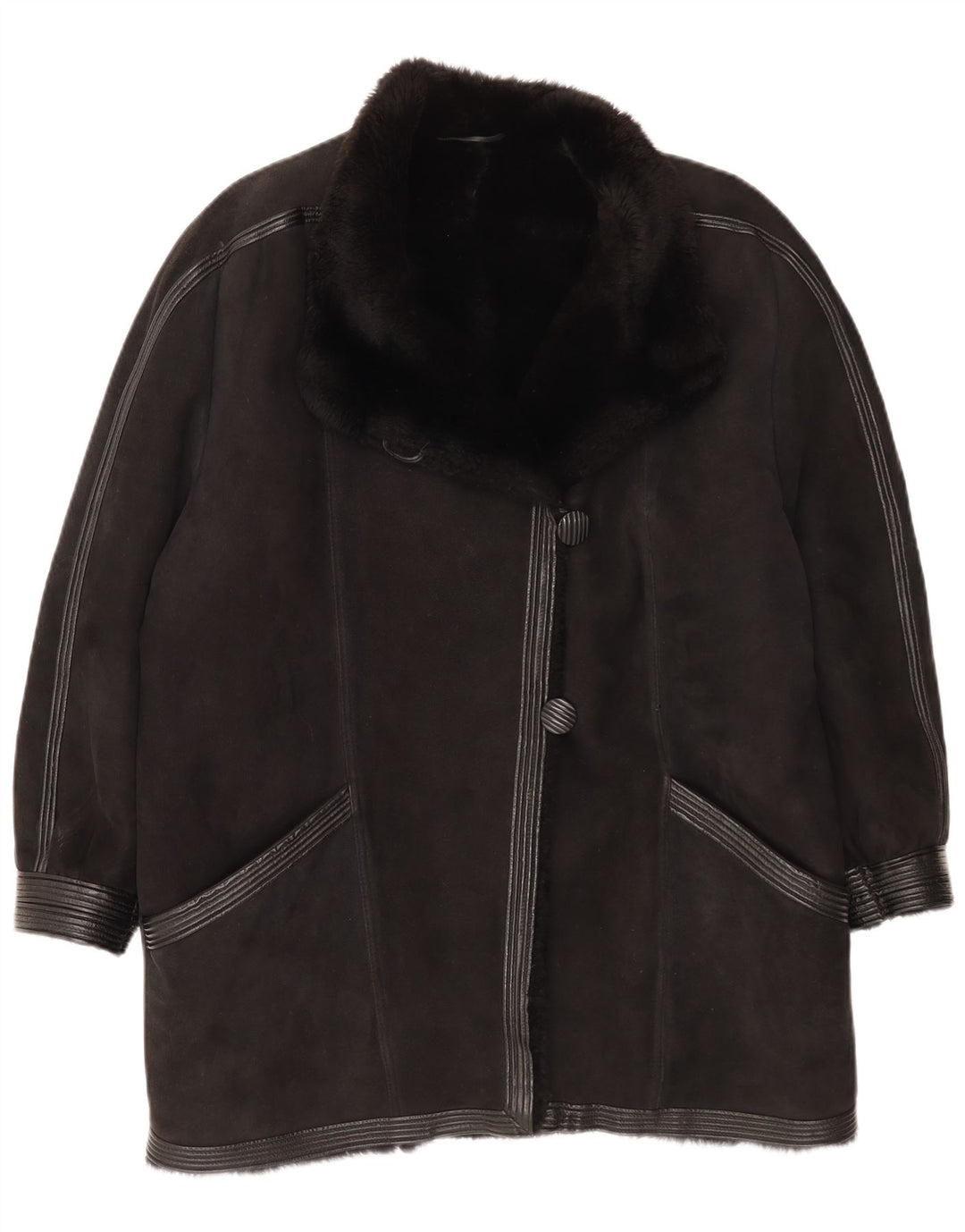 Casaco feminino vintage de shearling UK 16 grande preto