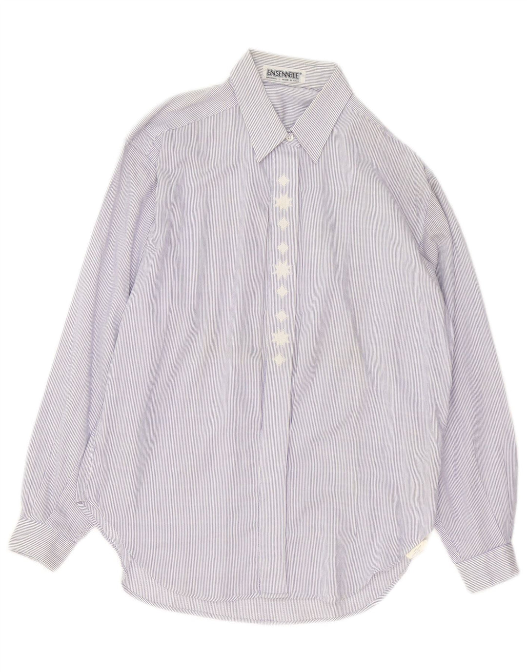 Camisa feminina vintage Reino Unido 14 algodão listrado azul médio