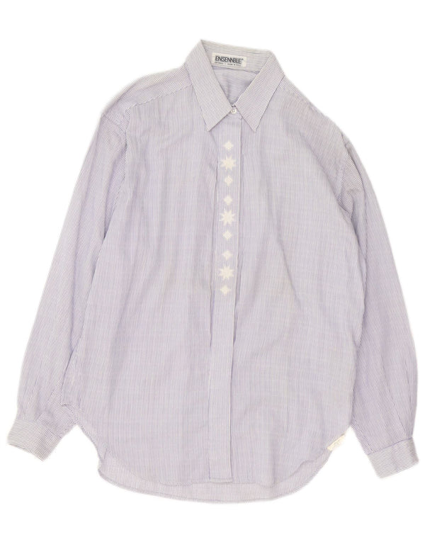 Camisa feminina vintage Reino Unido 14 algodão listrado azul médio
