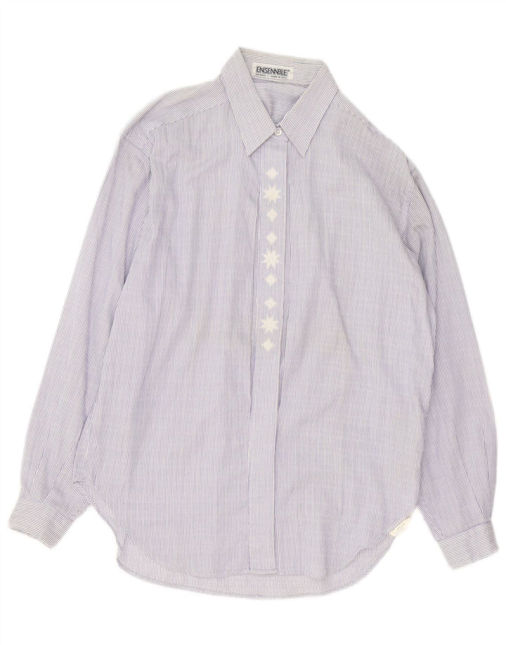 Camisa feminina vintage Reino Unido 14 algodão listrado azul médio