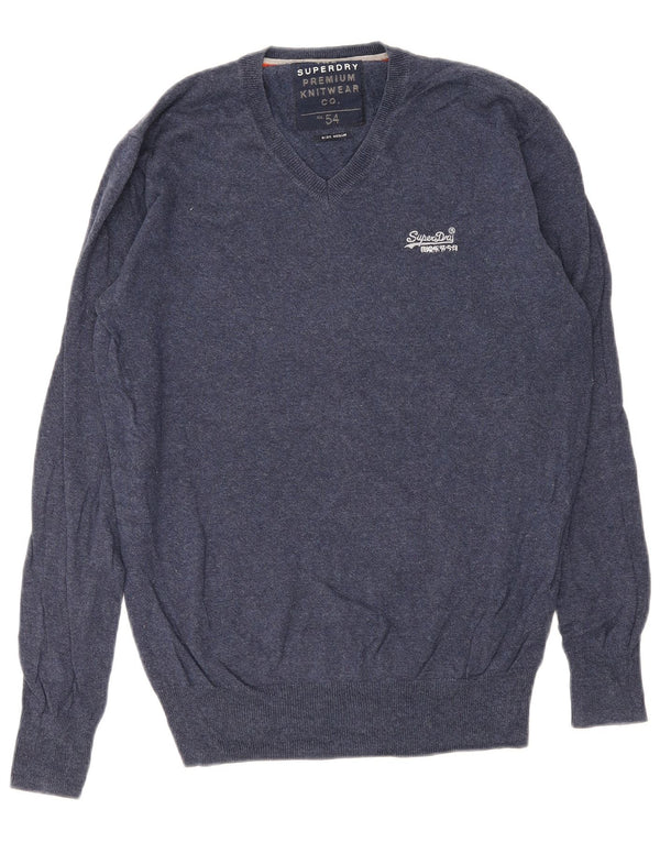 Suéter masculino Superdry com decote em V, algodão azul marinho médio