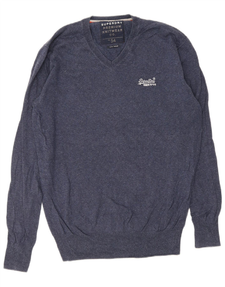 Suéter masculino Superdry com decote em V, algodão azul marinho médio