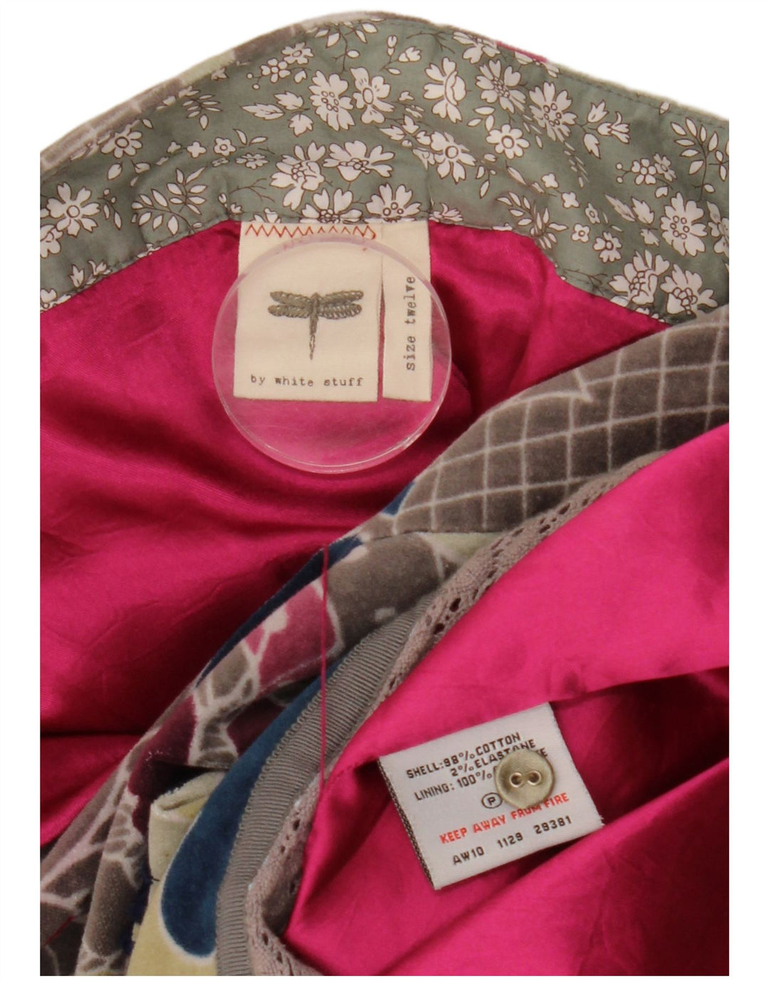 Minissaia feminina de veludo White Stuff Reino Unido 12 médio W33 algodão floral cinza