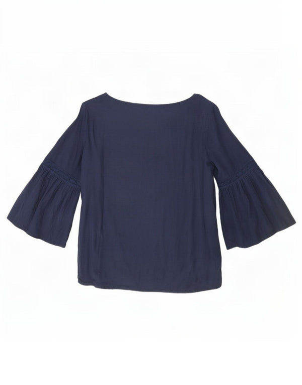 Blusa feminina Benetton manga 3/4 Reino Unido 12 viscose azul marinho médio