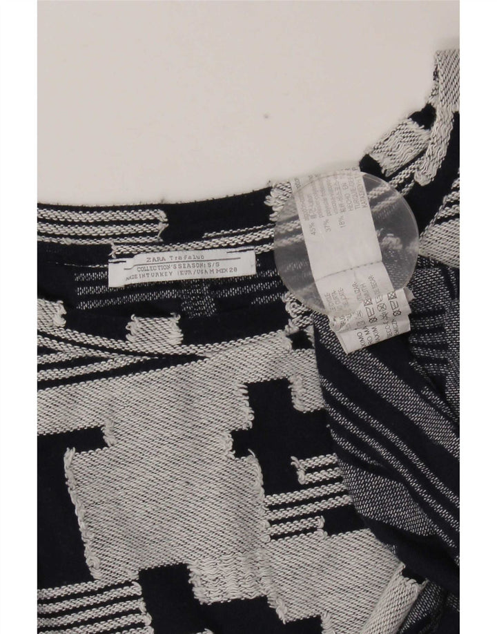 Top feminino Zara manga 3/4 Reino Unido 14 algodão geométrico azul marinho médio