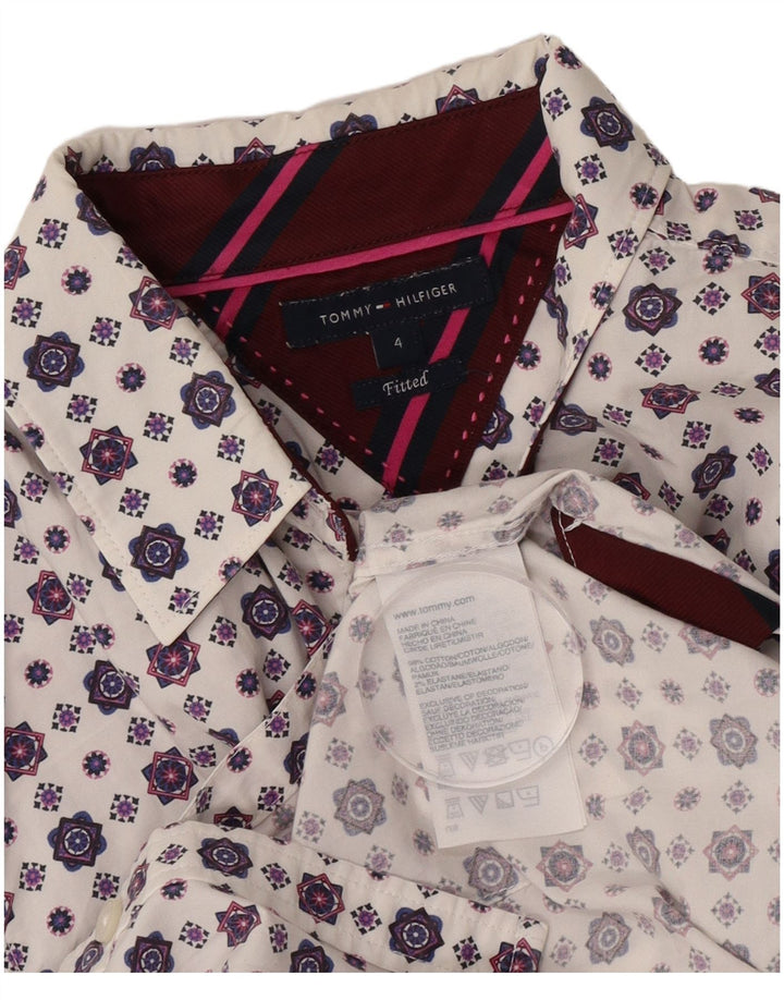Camisa justa feminina Tommy Hilfiger EUA 4 pequena algodão geométrico branco
