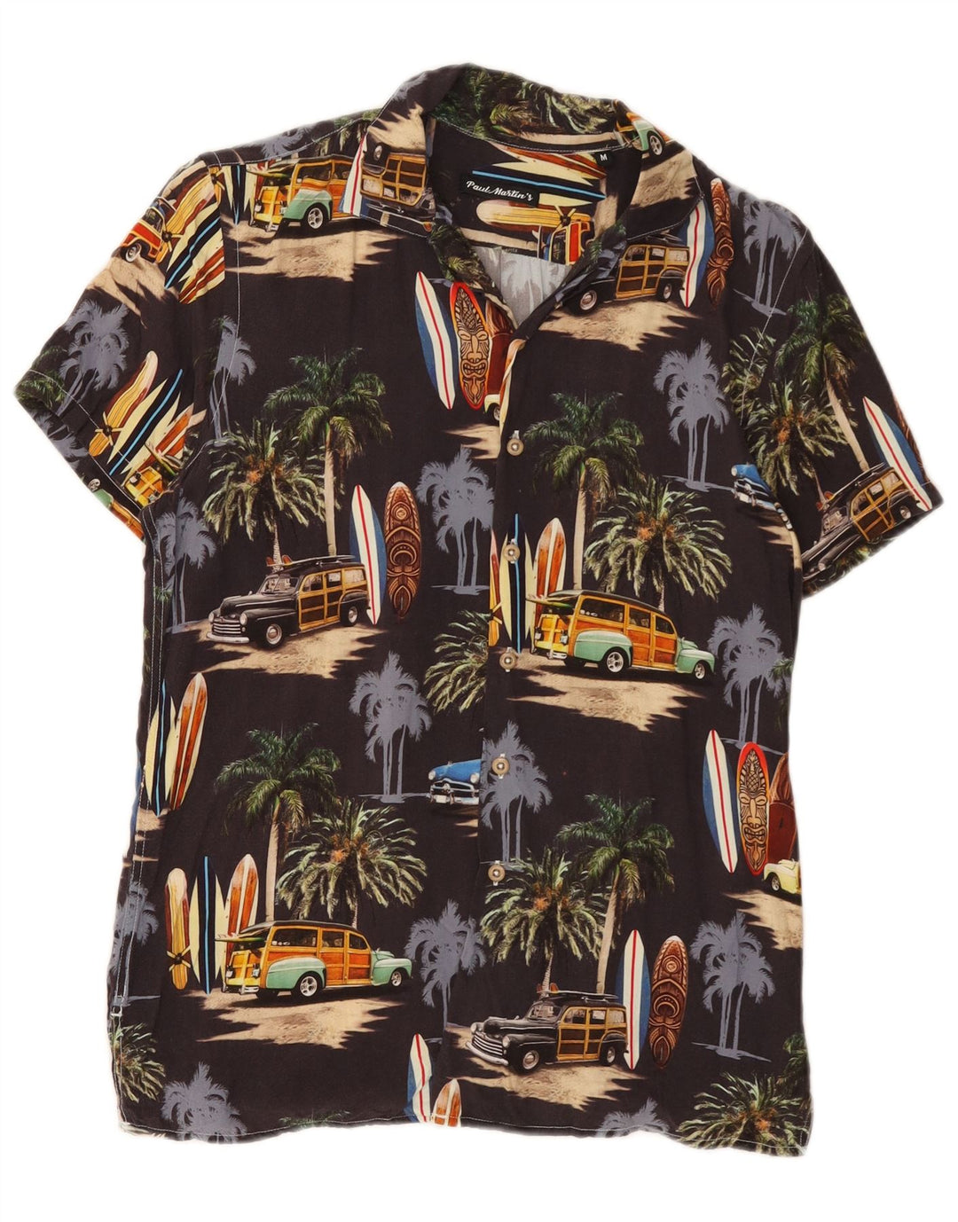 Camisa masculina vintage de manga curta média preta viscose havaiana