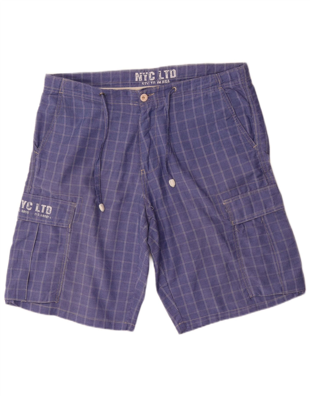 Shorts cargo masculino vintage gráfico W36 grande algodão xadrez azul