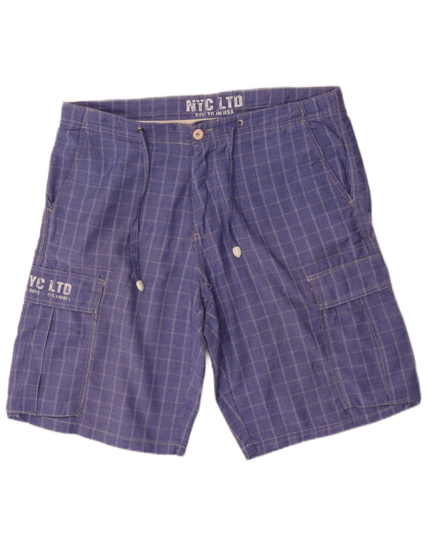 Shorts cargo masculino vintage gráfico W36 grande algodão xadrez azul