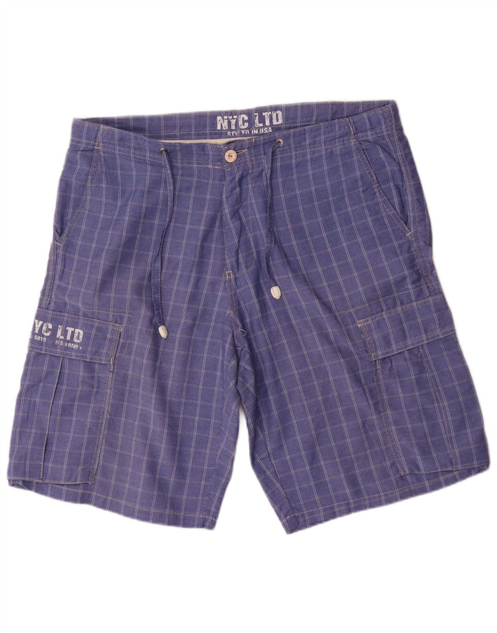 Shorts cargo masculino vintage gráfico W36 grande algodão xadrez azul