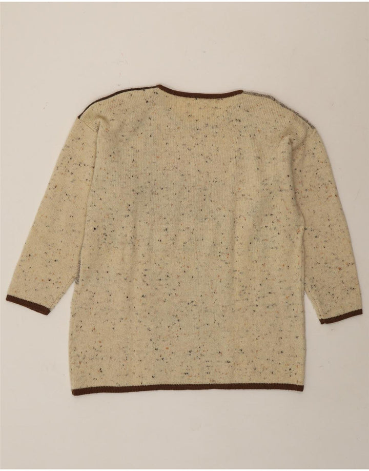 Suéter feminino vintage com gola redonda, uk 16, grande, bege, patchwork, novidade