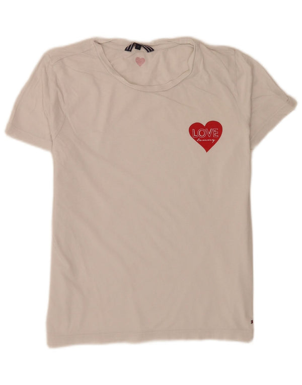 Tommy Hilfiger Camiseta feminina gráfica Top UK 8 pequeno algodão branco