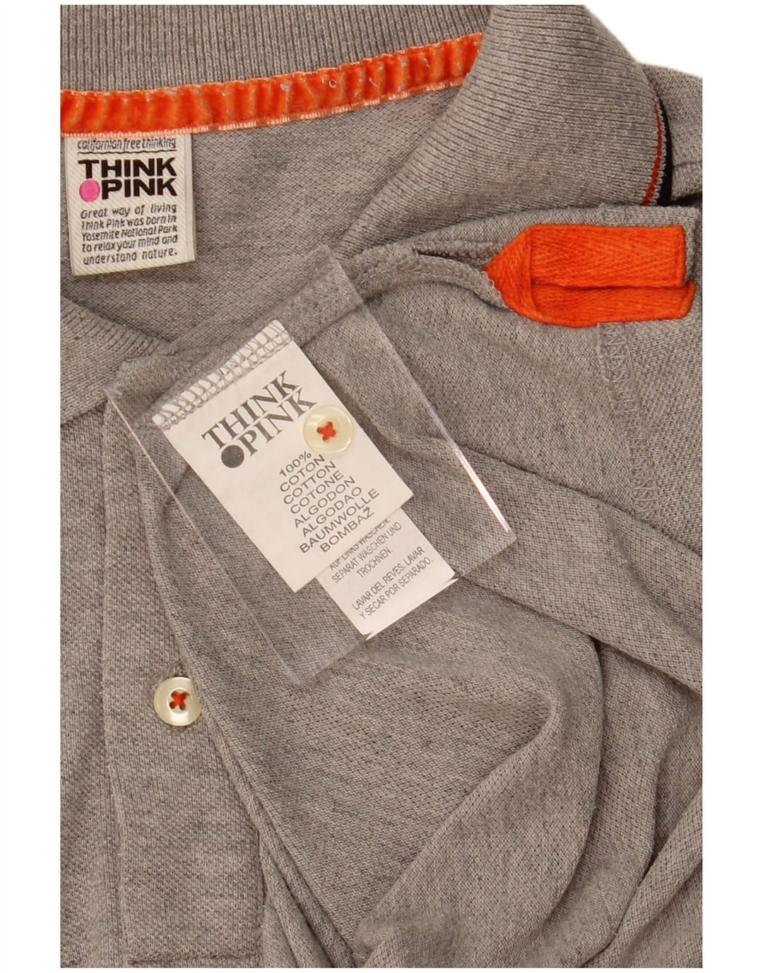 THINK PINK Camisa polo masculina pequena de algodão cinza
