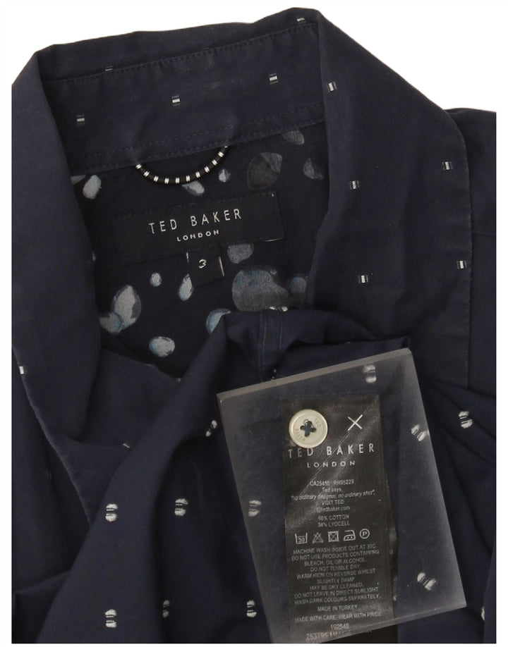 Camisa masculina de manga curta Ted Baker tamanho 3 algodão geométrico azul marinho médio