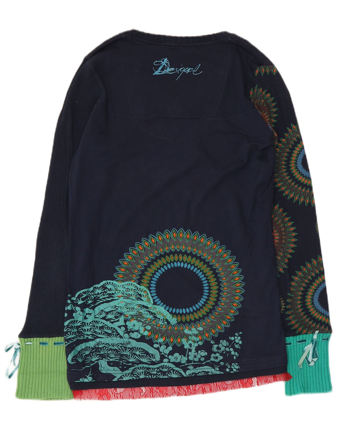 Top gráfico feminino Desigual manga comprida UK 12 médio azul marinho geométrico