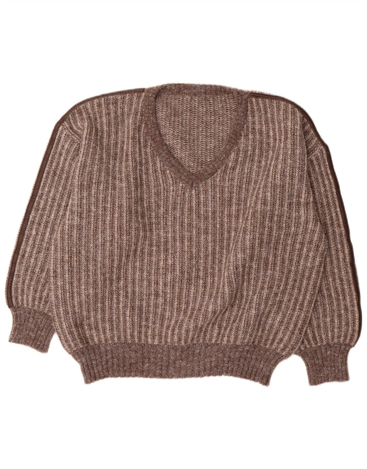 Suéter masculino vintage com decote em V IT 50 lã listrada marrom médio