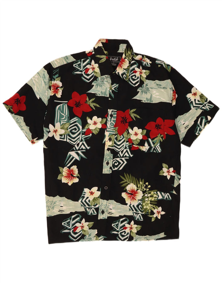Camisa masculina vintage de manga curta pequena preta floral poliéster havaiana