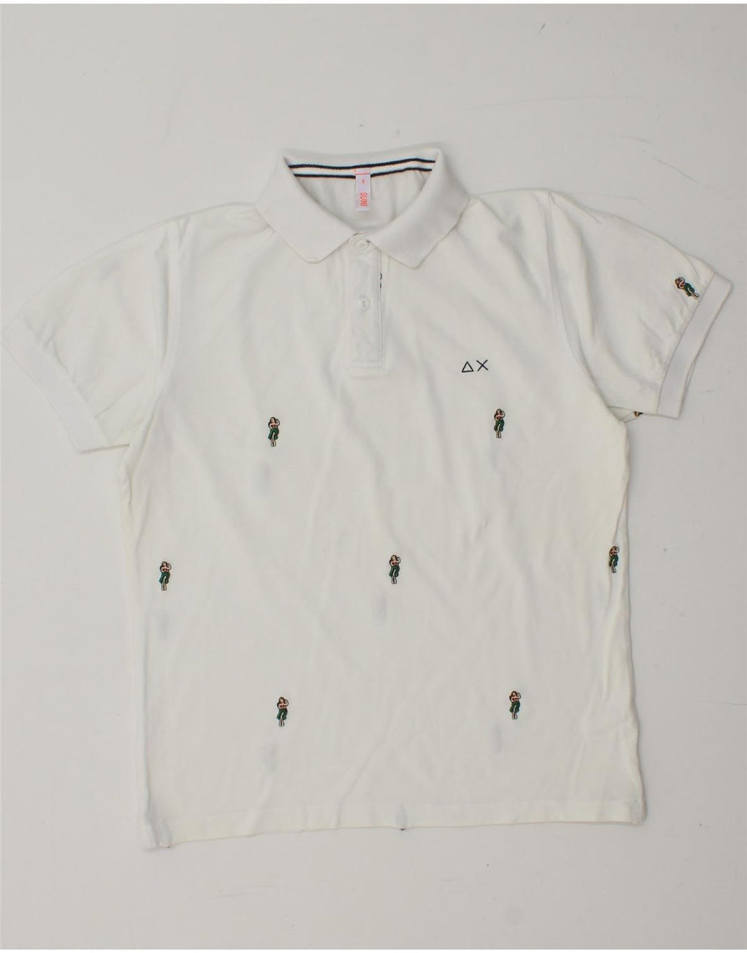 Camisa polo masculina SUN68 pequena de algodão manchado branco