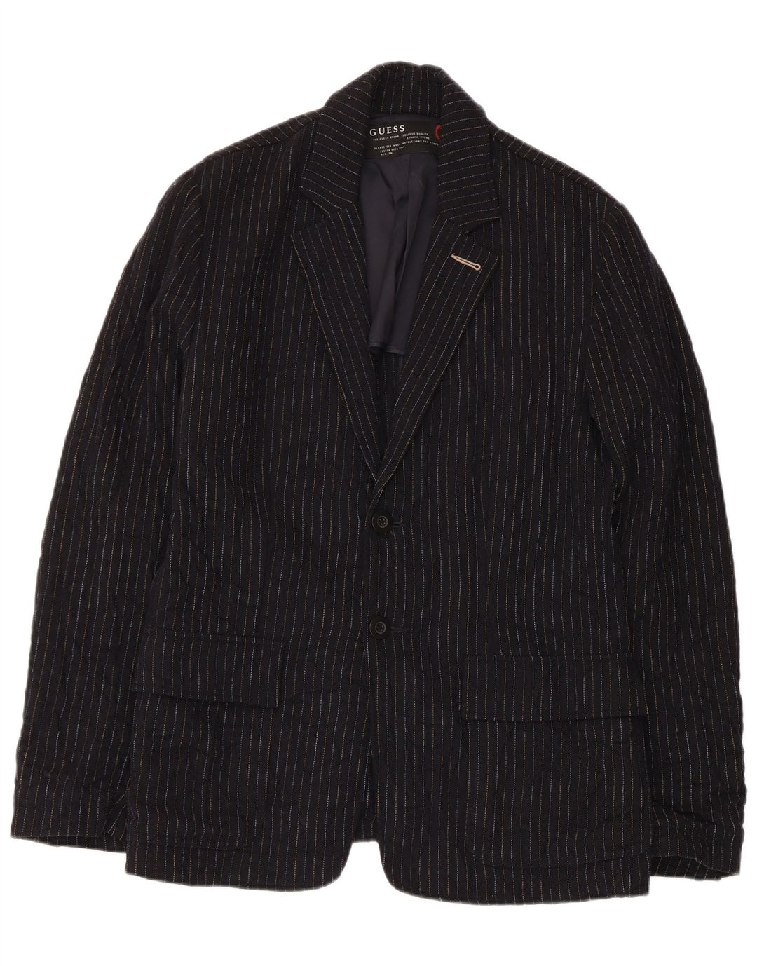 Jaqueta Blazer Guess Masculina com 2 Botões Reino Unido 38 Lã Listrada Azul Marinho Médio