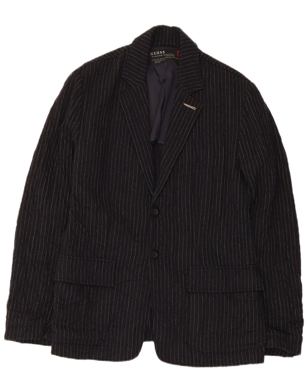 Jaqueta Blazer Guess Masculina com 2 Botões Reino Unido 38 Lã Listrada Azul Marinho Médio