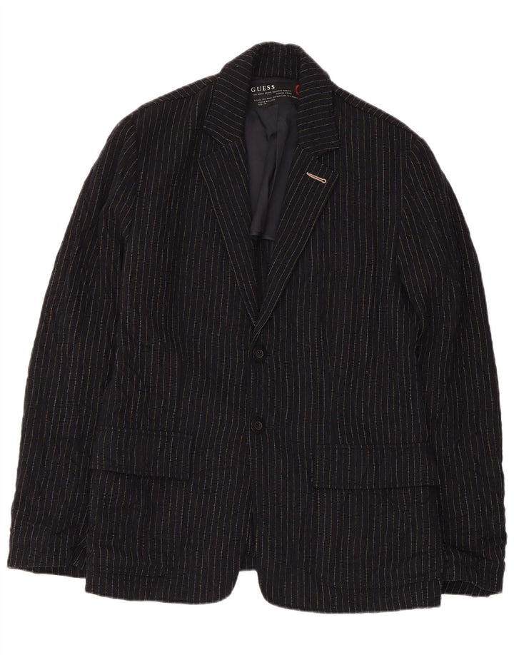 Jaqueta Blazer Guess Masculina com 2 Botões Reino Unido 38 Lã Listrada Azul Marinho Médio