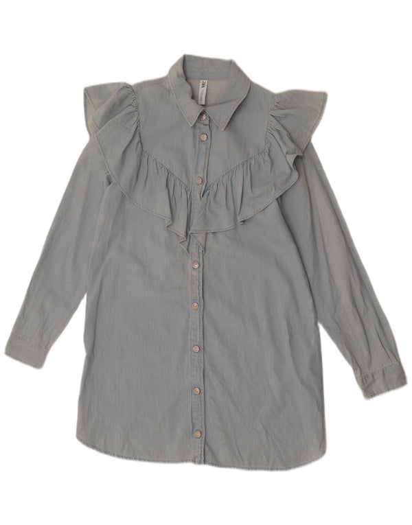 Vestido camisa jeans feminino Zara com babados na frente Reino Unido 14 algodão azul médio