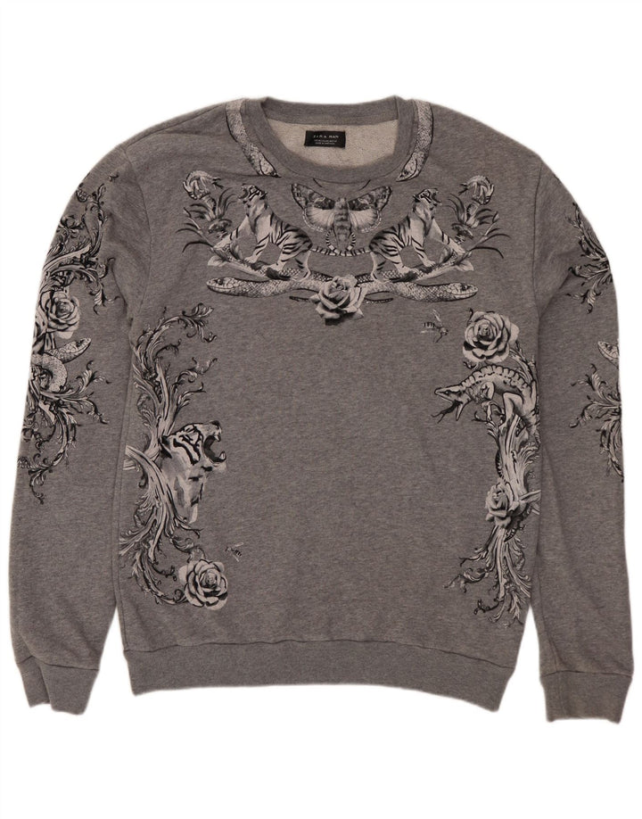 Zara moletom gráfico masculino jumper médio cinza floral algodão